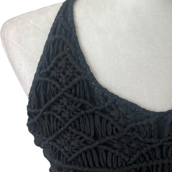 NWT POL Black Macrame Fringe Halter Top Back Ties Beaded Trim Size Small - Picture 5 of 9
